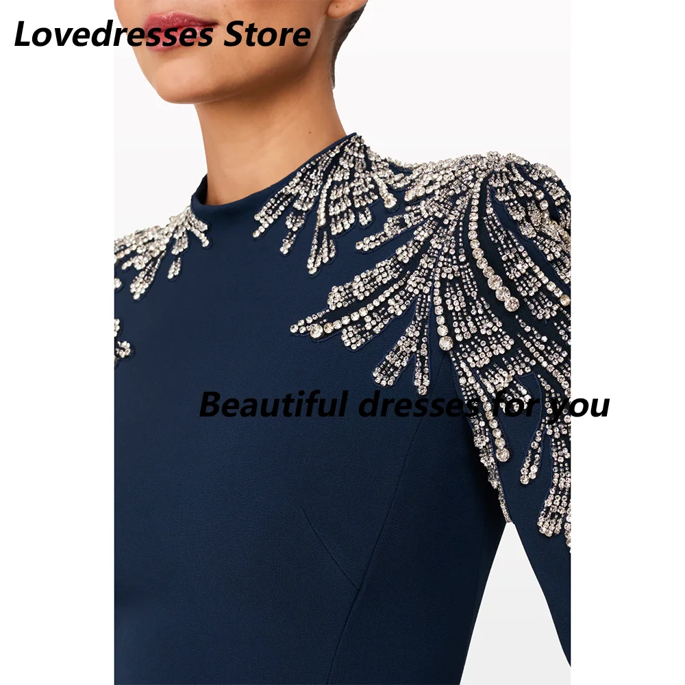 Granatowa Sukienka Wieczorowa Luksusowe Kryształki Długie Rękawy Syreni Krój Suknie Ślubne na Przyjęcia Dekolt O-Neck Trąbka Skromne Sukienki Formalne na Przyjęcia Szyte na Miarę