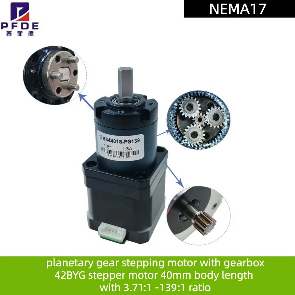 Motor de passo NEMA17 com engrenagem planetária e caixa de redução 42BYG, motor de passo com corpo de 40mm de comprimento e relação de redução de 3.71:1 -139:1.