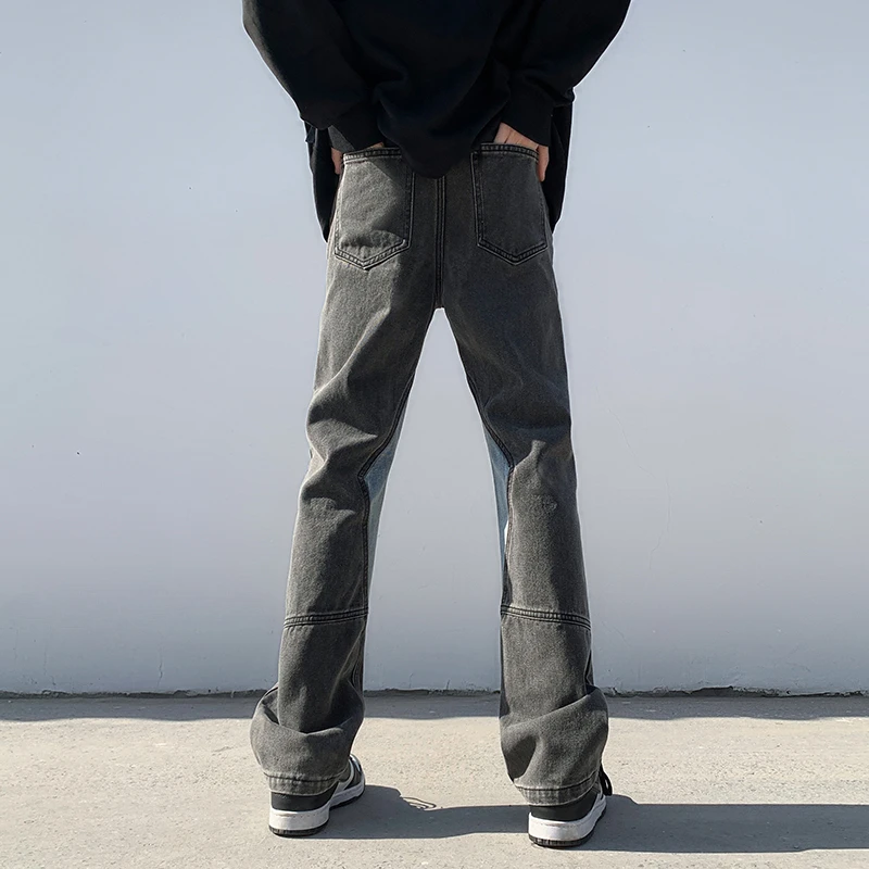 Patchwork Jeans Men Vertical Panelled Streetwear American Style Oversize Straight Spring Autumn Handsome Mopping Trousers Cozy
