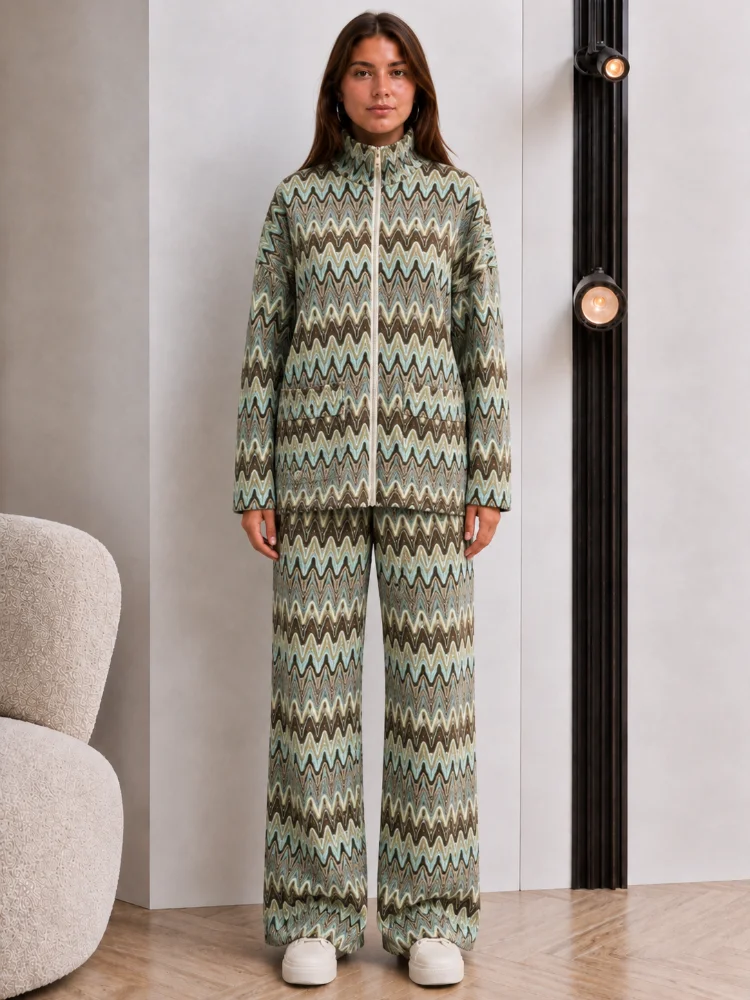 

Retro Chevron Print Women's Two Piece Set Stand Collar Zipper Coat Wide Leg Straight Pant Sets Daily Casual Street Loose Outfits