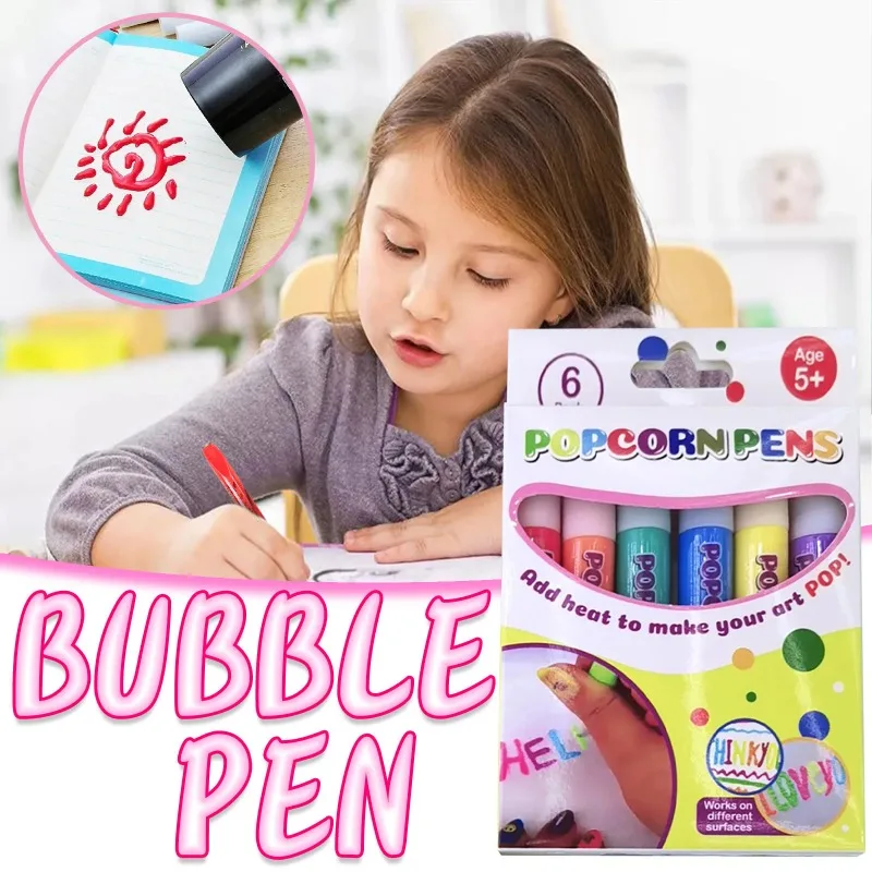 6 Pack / Set  Popcorn Pens Magical Puffy Pens 6 Color Puffy Bubble 3d Art Pen Creative Markers for Children Drawing 60ml