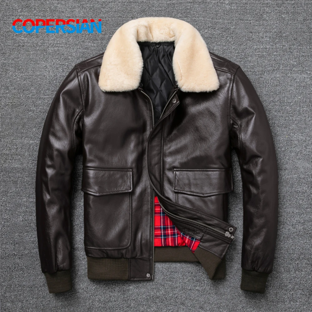 

Force Air Flight Fur Collar Genuine Top Layer Leather Men Black Brown Cow Coat Men's Winter Jacket 정품 가죽