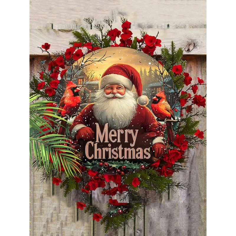 Warm Santa Claus Classic Cardinal Wooden Sign Merry Christmas Garland Sign Front Door Wall Hanging Decoration Ideal Christmas De