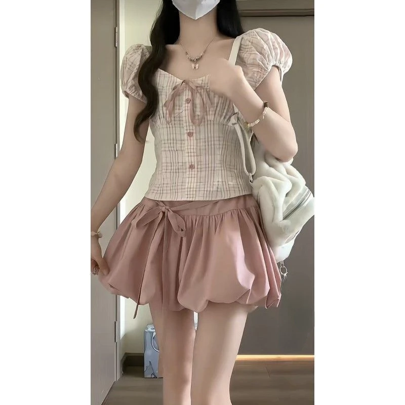 Summer Woman Korean Fashion 2 Piece Set Woman Sweet Pink Plaid Blouse + Kawaii Mini Skirt Casual Japanese Style Suit Chic