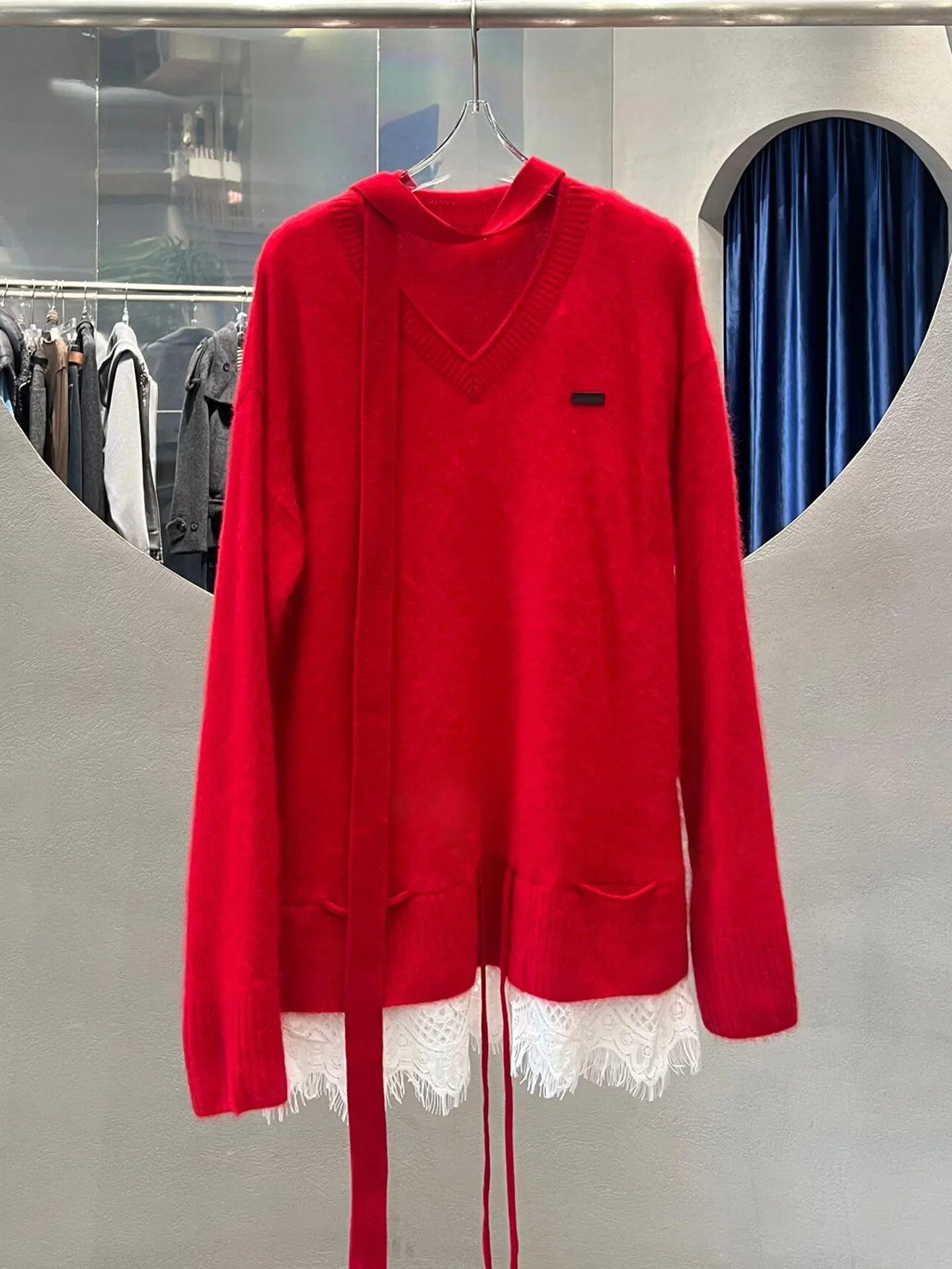 

Red Aosphere Lace Knit Top Women's Premium Winter Faion Ne Warmer Long Sve V-Ne Regular Fit Soft Medium Thin