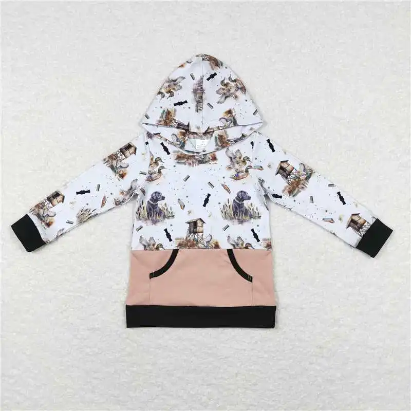 Hoodie infantil de mangas compridas com bolso, moletom com capuz, Camisa Sportswear, Camo roupas para crianças, bebê, atacado