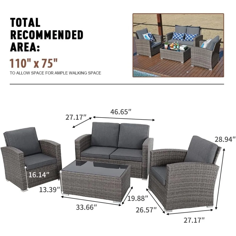 4 Piece Outdoor Patio Furniture Set, All-Weather Wicker Patio Conversation Sets, PE Rattan Sofa Set