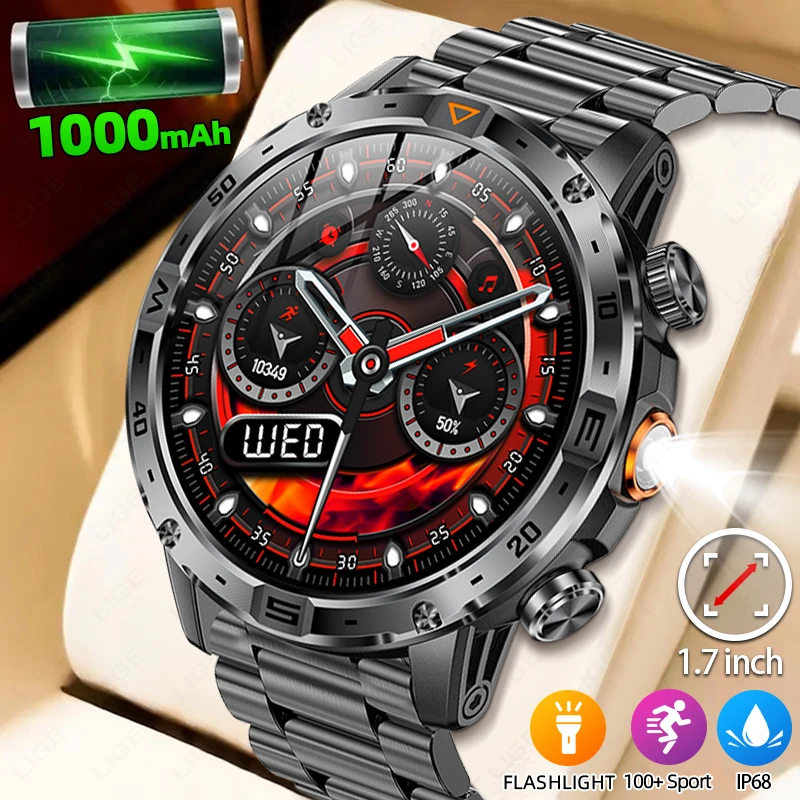 

LIGE New Outdoor Smart Watch Men Compass 1000mAh Large Battery LED Flashlight Bluetooth Call Sport Fitness Waterproof Smartwatch