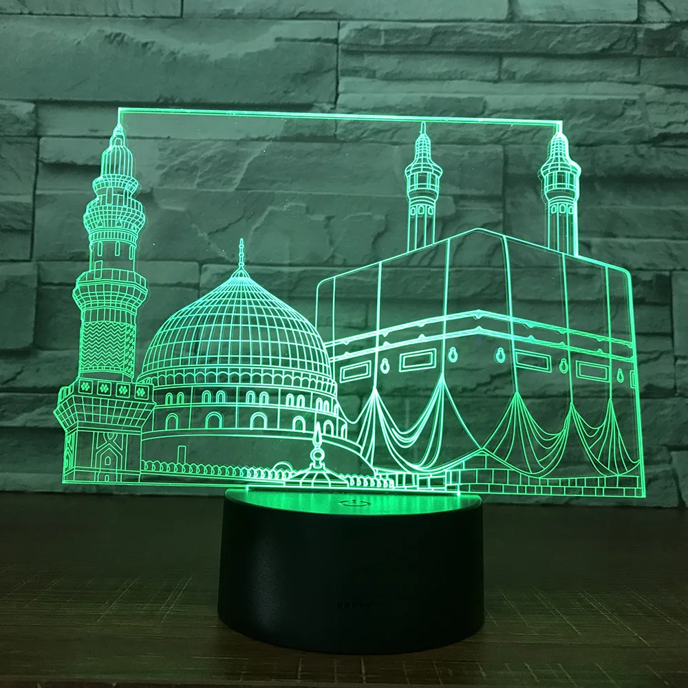 Acrylic Mosque Night Light for Home Room Decor 7 Color Changing Led Nightlight Bedroom Bedside Table Lamp Muslim Ramadan Gift