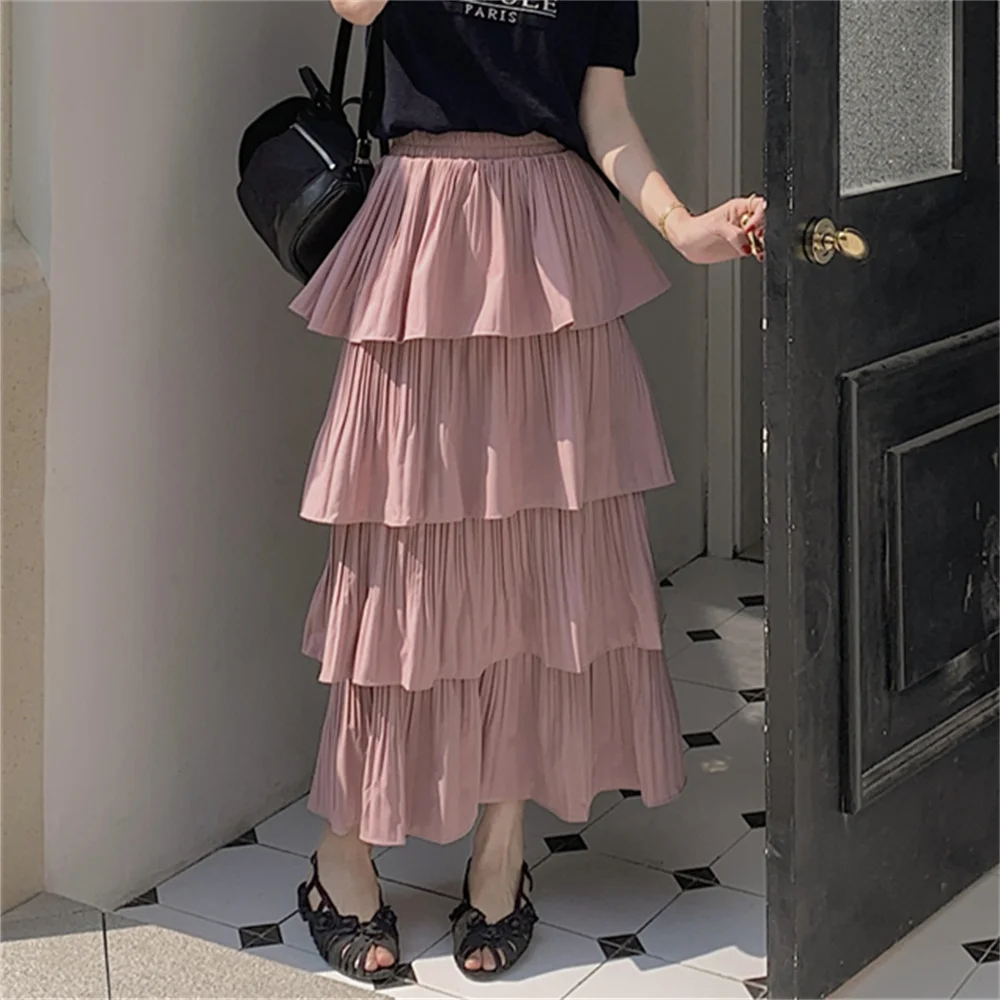 PLAMTEE  Summer 2023 A-Line Cake Skirts Women Chic Solid New Gentle Office Lady Loose Slim High Waist All Match Fashion OL