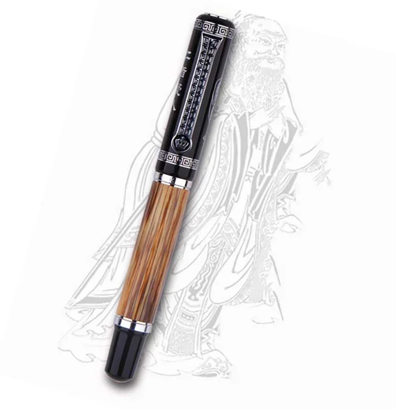 Clássico Confúcio Natural Bambu Caneta-tinteiro, Padrão Em Relevo De Metal, Irídio Médio Nib, Tinta 0.7mm, Presente Do Escritório, Duque 551