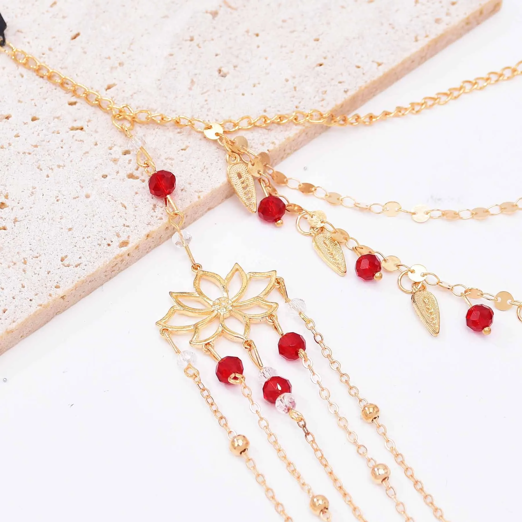 Red Crystal Beads Long Tassels Chinese Bridal Hair Accessories Zircon Headwear Women\'s Party Wedding Jewelry Gifts