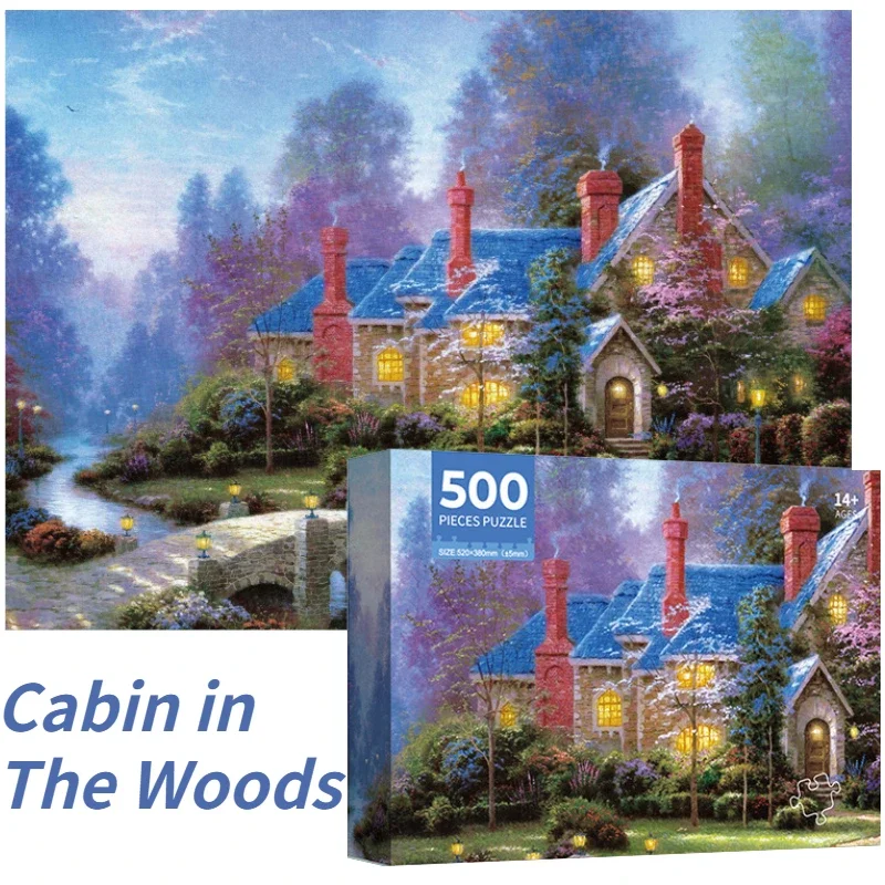 

38*52cm Adults 500 Pieces Paper Jigsaw Puzzles Cabin in The Woods Landscape Paintings Stress Reducing Toys Christmas Gifts