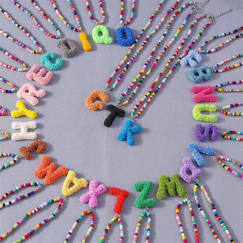 Bohemian 26 Letter A-Z Pendant Necklace for Women Handmade Colorful Beads Necklace Girls Party Festival Jewelry Gifts