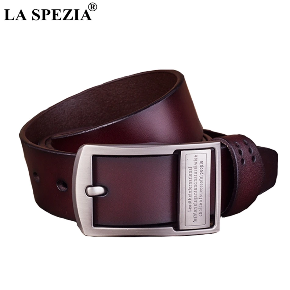 LA SPEZIA-Cinturón de cuero genuino para hombre, Correa con hebilla de Pin de café, letras clásicas de marca, sólido, Casual, de cuero de vaca Real, 130cm