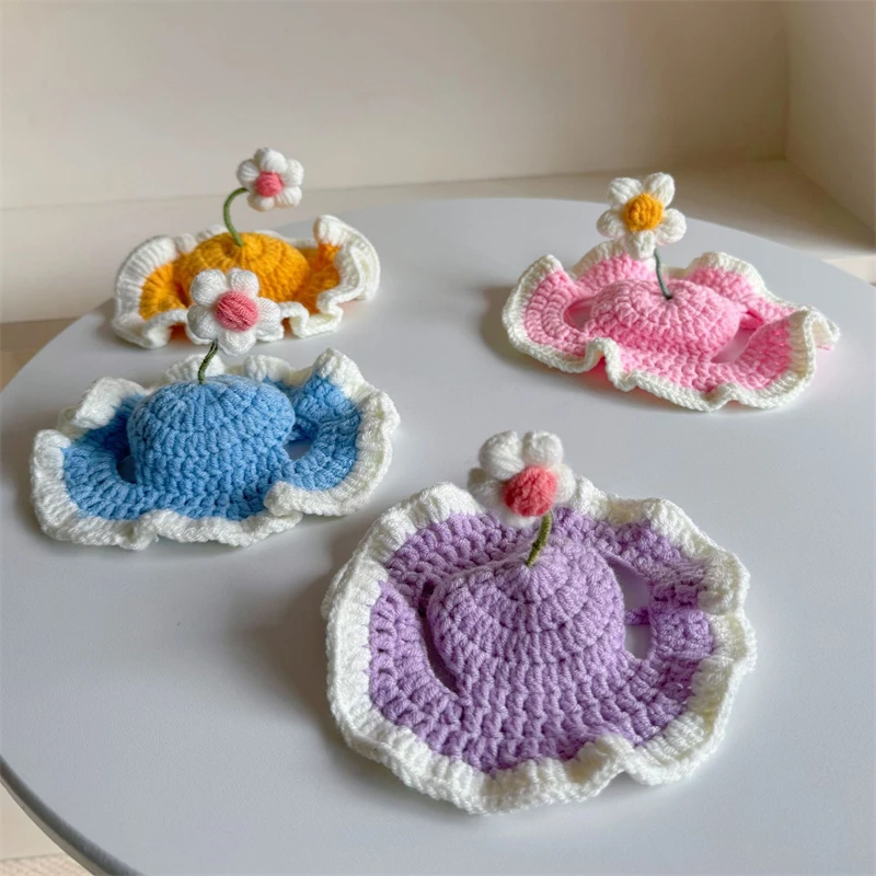 Floral Knitting Pet Dog Hat Lace Up Cute Warm Wool Winter Head Wear for Cats Outdoor Windproof Birthday Pet York Accessories