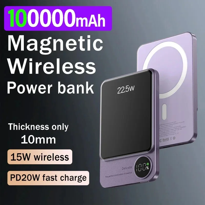 Banco de potência sem fio 100000 Carregador rápido magnético portátil mAh tipo C para iPhone15 14 13 Xiaomi Samsung todos os telefones da série Magsafe