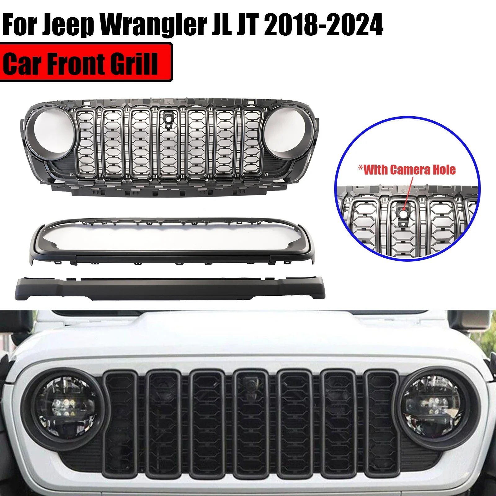 

Передний гриль для Jeep Wrangler JL JT 2018-2024 с отверстием для камеры, внешние аксессуары, матовый черный/серебристый комплект для корпуса, решетка