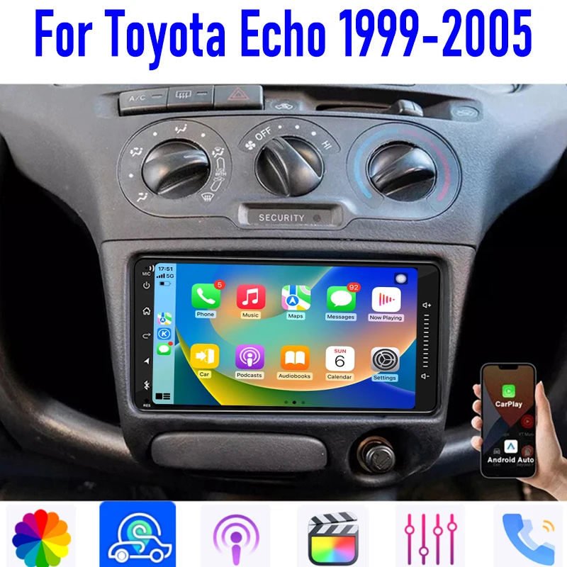

GPS 7" For Toyota Echo 1999-2005 Apple Carplay Android 15 Auto Car Stereo Radio Wireless Reversing Image Camera Navi WIFI 4-64GB