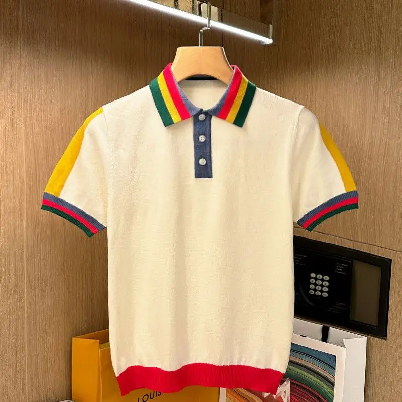 Summer Men Knitted Polo Shirts Short Sleeve Rain-bow Colored Collar T-shirts Chic Patchwork Slim Fit Tops Breathable