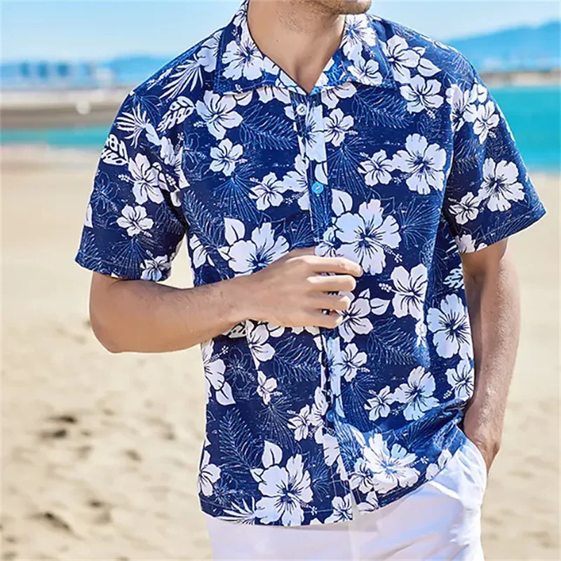 2023 loose breathable 3D printing men's shirt Hawaiian shirt button summer shirt beach blue/white short sleeve oversized 5XL