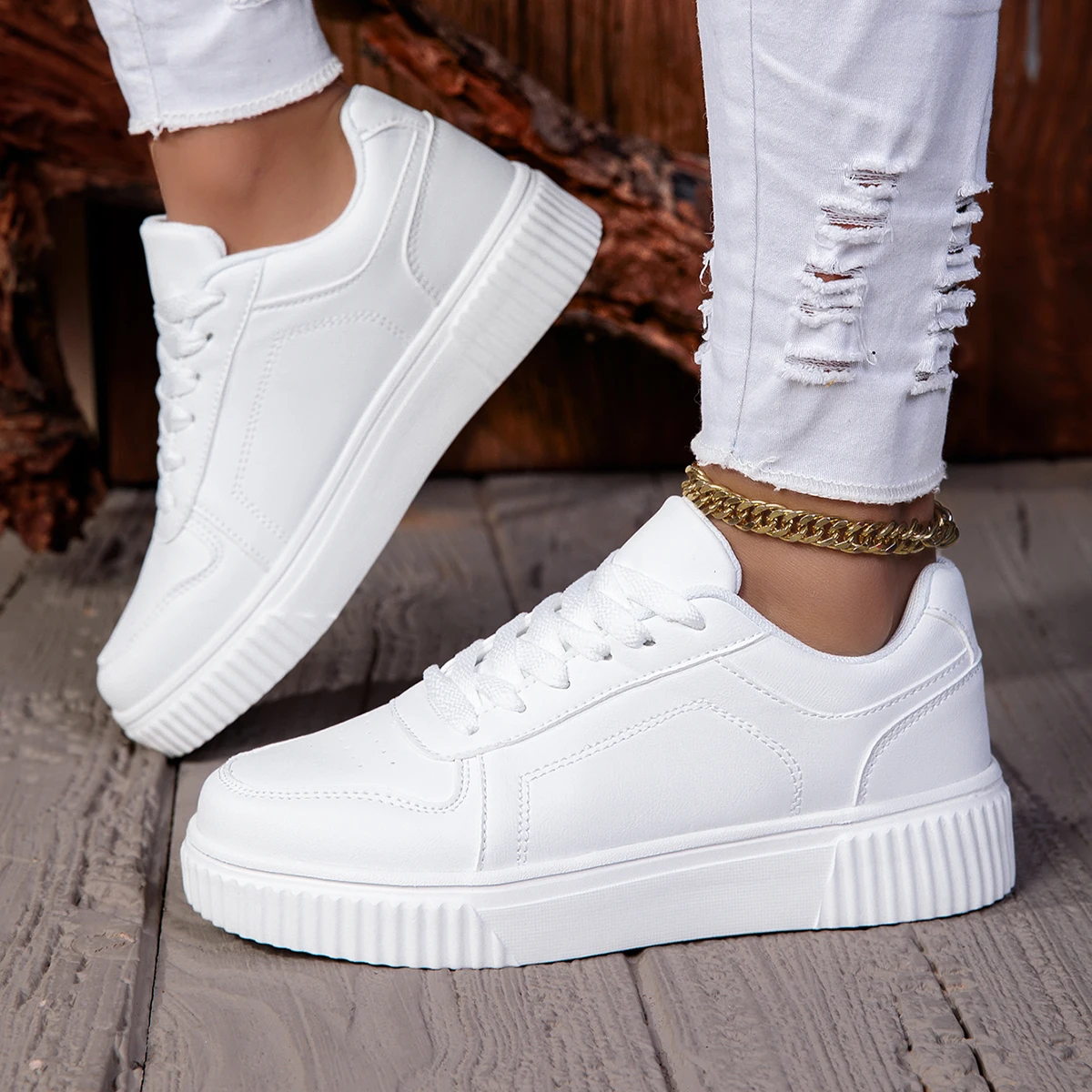 ZERJER Unisex Sneakers, New Arrival Large Size Classic Retro Men's Sports Skate Shoes, White Thick-Soled Tennis Shoes, Solid Col image 5