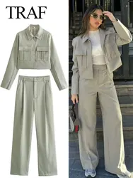 TRAF 2024 Spring 2 Piece Suits For Women Long Sleeve Short Cardigan Coat + Commute Versatile Pleats Women's Wide Leg Long Pant