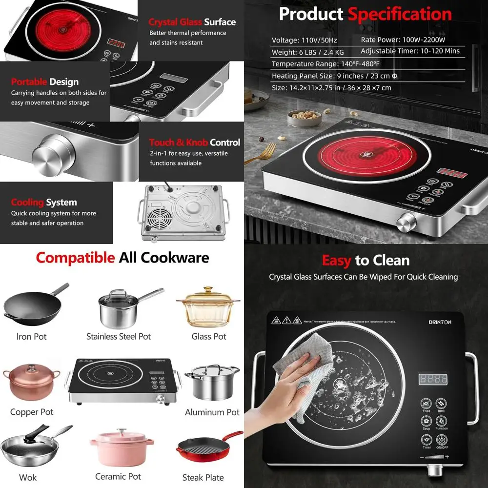 

2200W 110V Portable Single Electric Burner with 2H Timer, Adjustable Cooking Temperature, Compatible with All Cookware