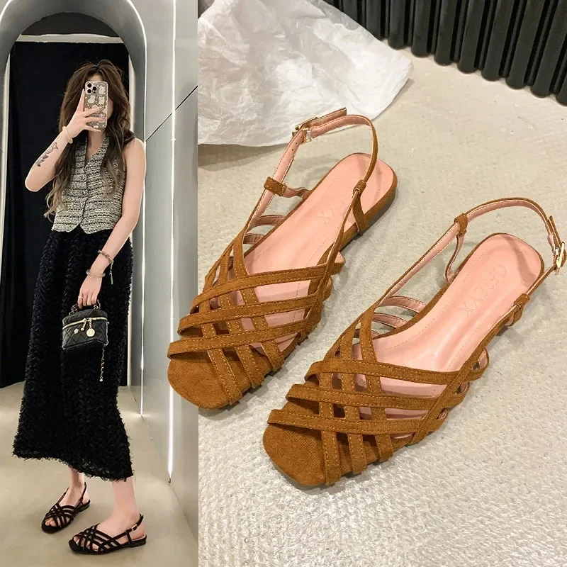 2024 New Hot Selling Solid Color Versatile Comfortable Open Toe Women's Sandals Square Toe Thin Strap Combination Zapatos Mujer