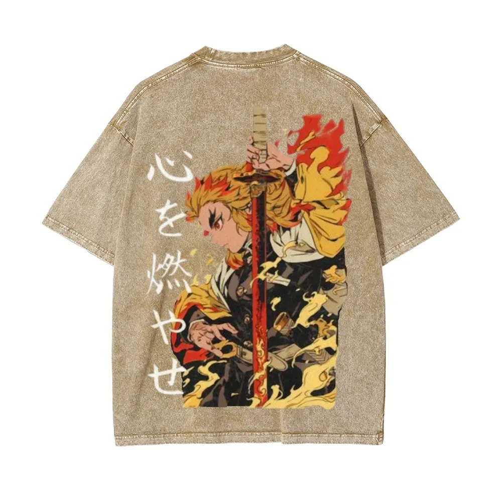 2026 Sommer Kyojuro Rengoku Retro Washed T-Shirt Emon Slayer Japanische Animation Street Style Herren- und Damen-Kurzarm-Top