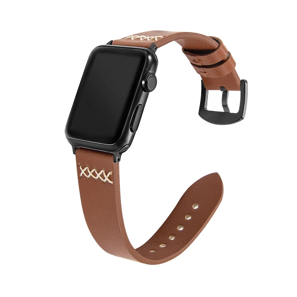 Pure Color Genuine Leather Strap for Apple Watch Series 7/se/6/5/4/3/2/1 (41mm 45mm 44mm 40mm 42mm 38mm) smart watch