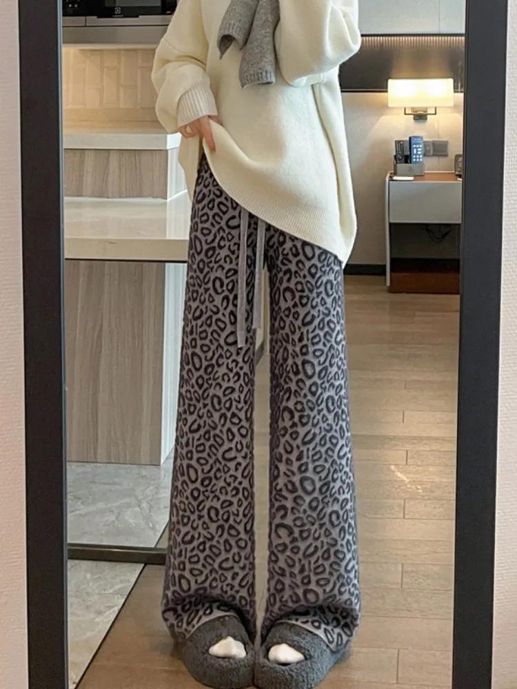 티엔드 레오파드 프린트 팬츠 여성용 가을 겨울 레트로 하이웨이스트 캐주얼 스트레이트 아메리칸 밍크 와이드 팬츠