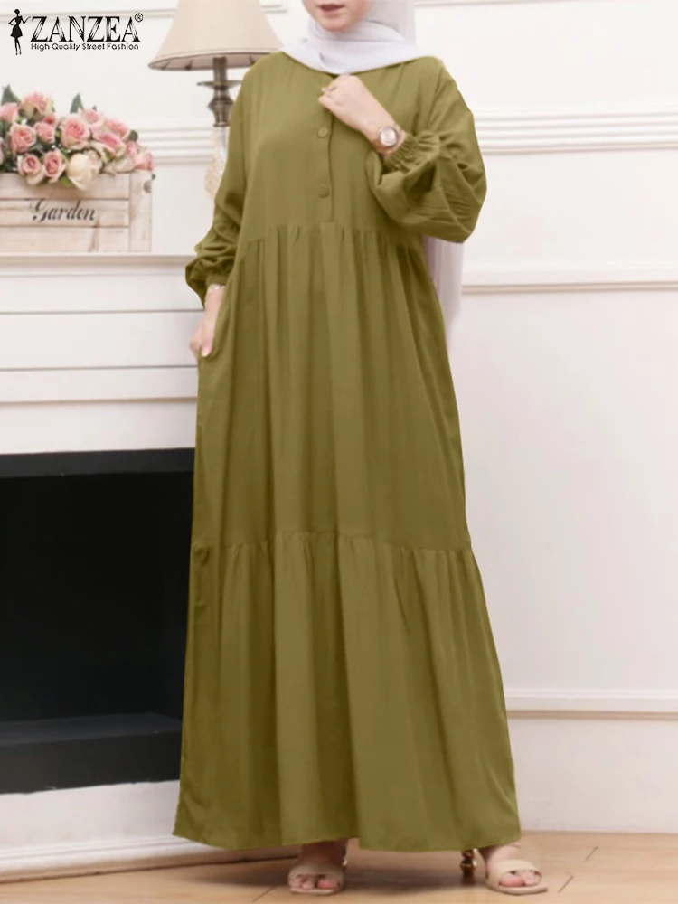 

ZANZEA Ramadan Maxi Dress Women Fashion Long Sleeve Muslim Abaya Eid Mubarek Robe Islamic Clothing Casual Solid Long Vestidos