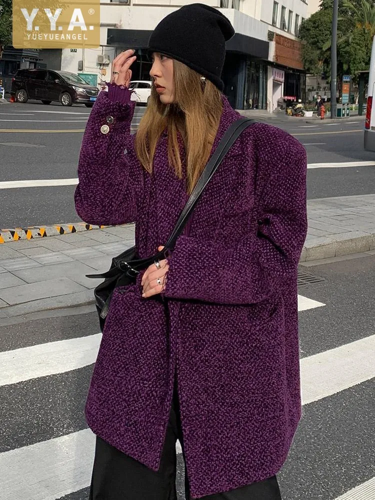 

Autumn Winter Women Versatile Loose Fit Mid Length Charm Purple Lady Work Single Breasted Suit Coat Designer Streetwear Jacket
