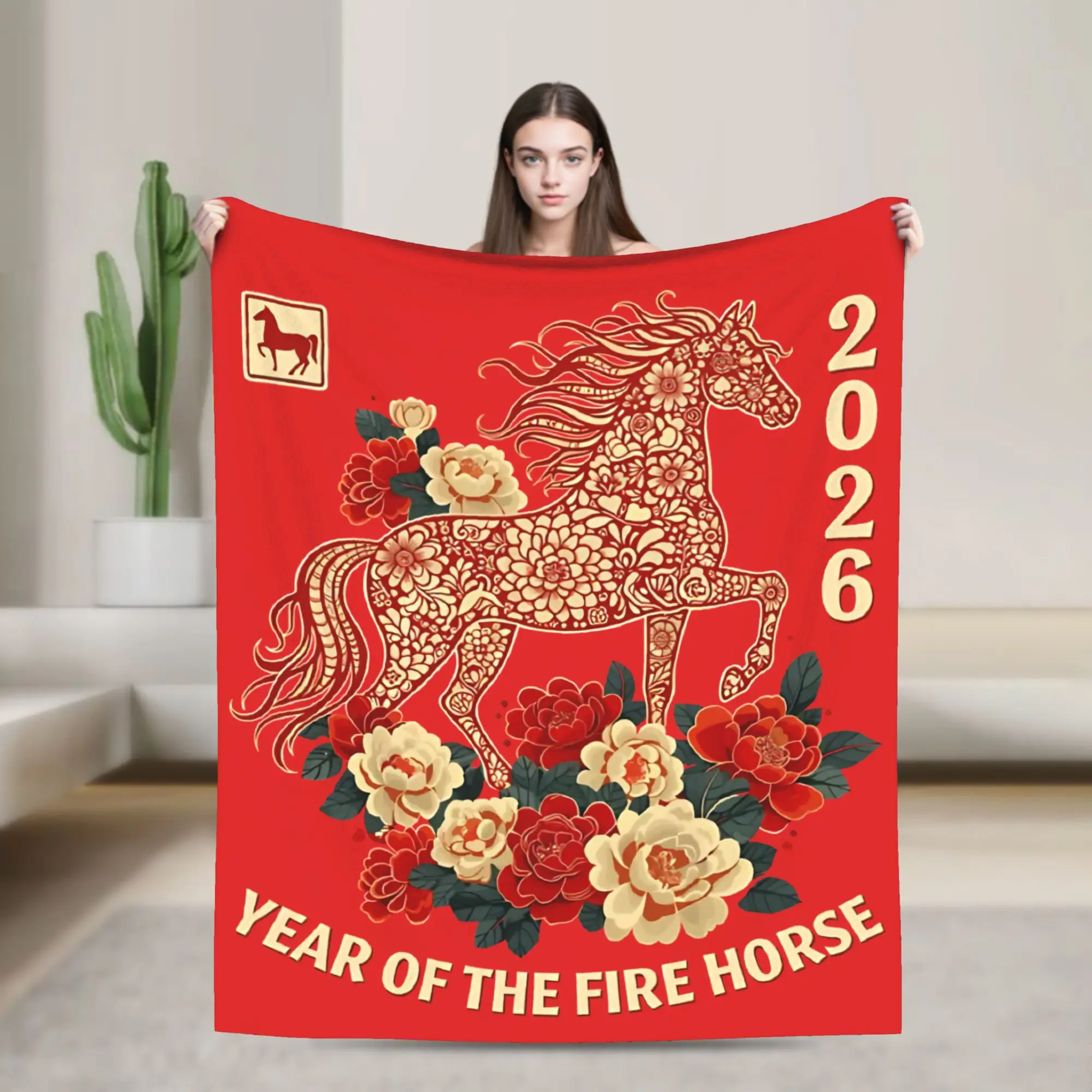 Year Of The Fire Horse 2026 Chinese New Year  Blanket Flannel Air Conditioning  Breathable Thin Throw Blanket Plush Thin Quilt