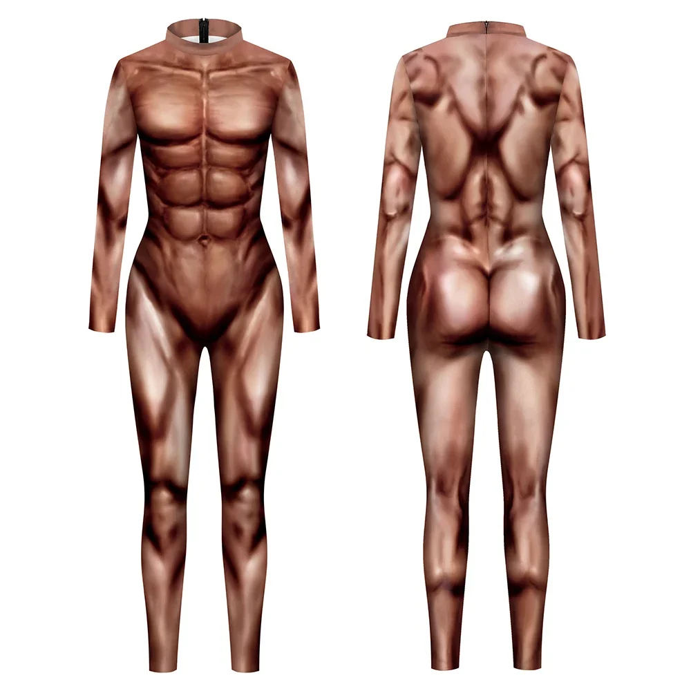 

Brown Muscle Jumpsuit Hero Cosplay Costume Halloween Bodysuit Spandex Elastic Adult Catsuit Party Zentai Skinny Outfit Rompers