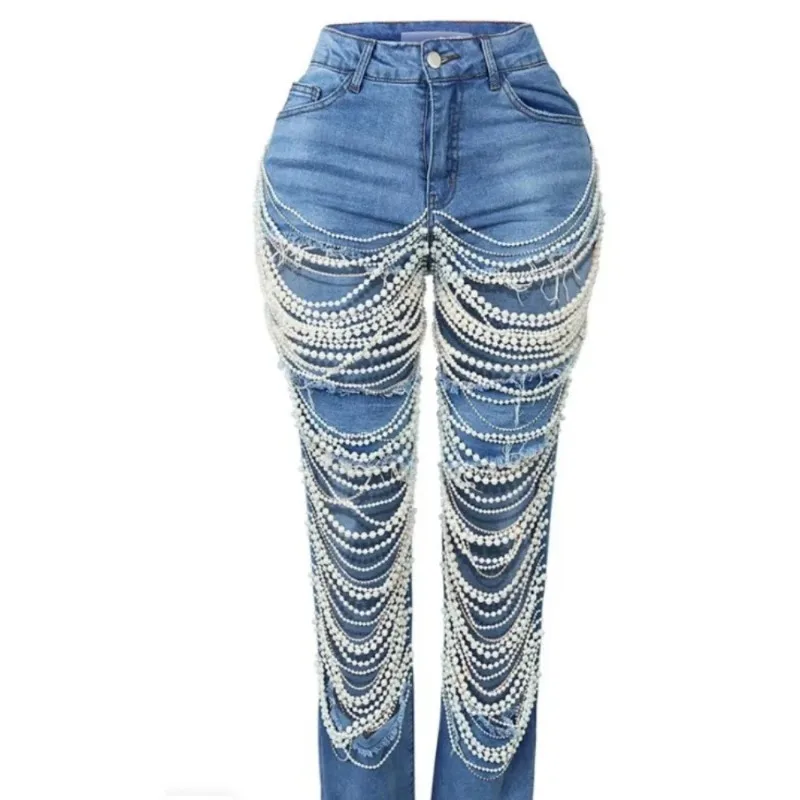 Pantalones vaqueros con agujeros grandes para mujer, Vaqueros rectos con cadena de cuentas 2025, Vaqueros rasgados con cuentas para mujer, Vaqueros con bolsillos negros, Vaqueros elásticos ajustados para mujer