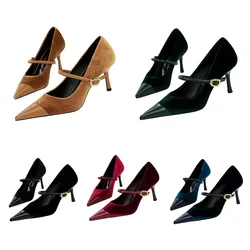 Eleganckie damskie buty na wysokim obcasie 7cm 10cm Wine Red Camel Strap Velvet Prom Pumps Lady Pointed Toe Metal Buckle Stiletto Mary Jane Shoes