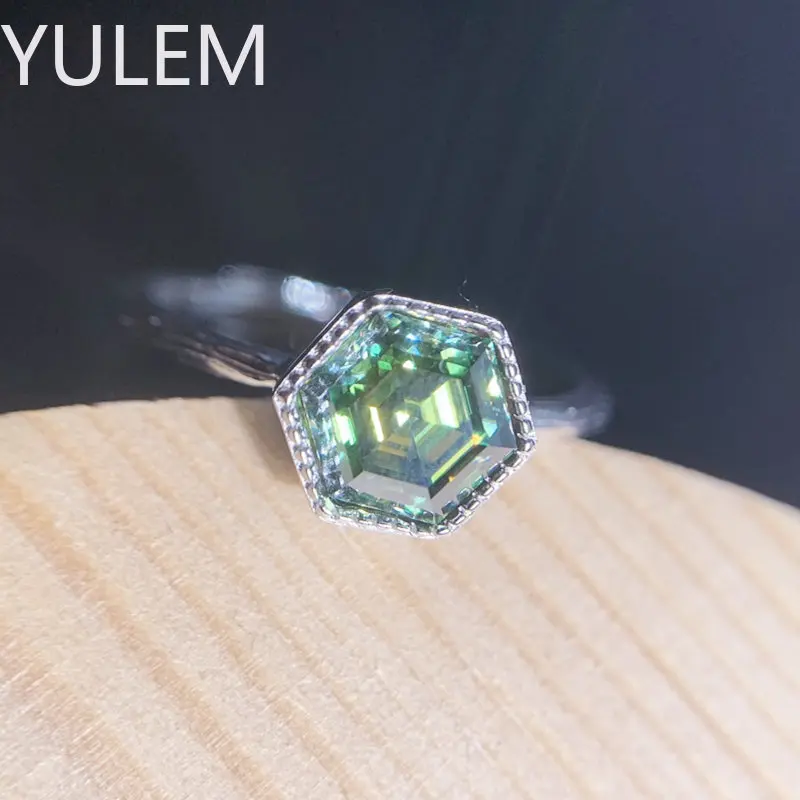 YULEM 925 Sterling Silver 1CT Hexagon Green Moissanite Diamond Ring for Women Wedding Engagement Jewelry Inlay Bezel Setting