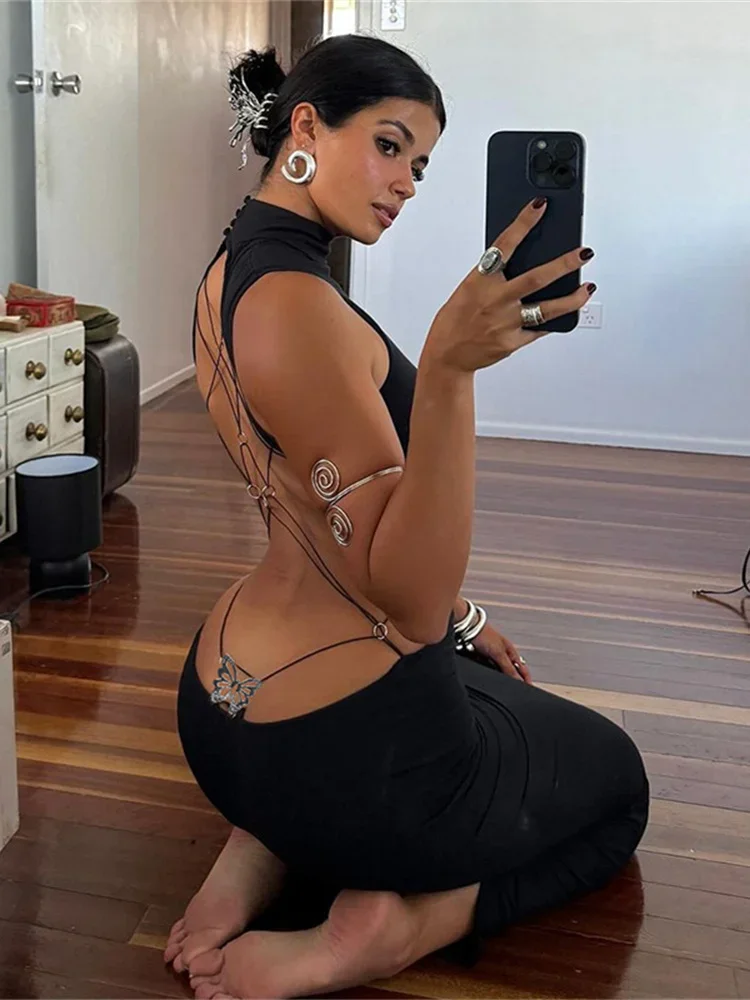 Sukienka bandażowa Nibber Cross damska Y2K motyl metalowa ażurowa bez pleców bez rękawów fitness klub nocny wakacje letnie bodycon