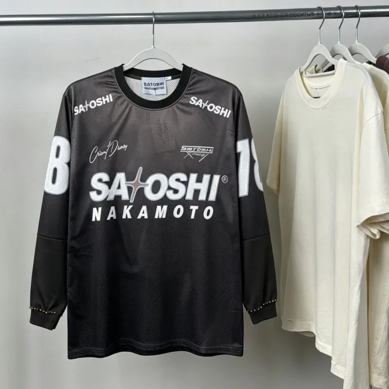 Mesh Patchwork Men Women 2XL No.18 Jersey Black SATOSHI Long Sleeve Nail Bead Racing Print Tshirts Loose Street Sports Pullover