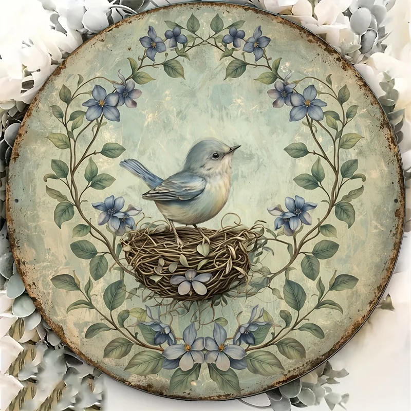 2D Flat, 1pc, 2D Flat Print, Bird Nesting Sign - Vintage Bird Nest Details, 8x8 Inches/20x20cm Metal Round Wall Decor, Pre-Drill