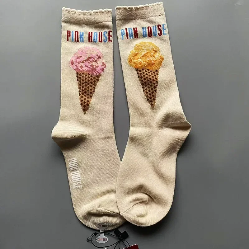 1 pair of women's pink ice cream socks, black blue chocolate creative socks