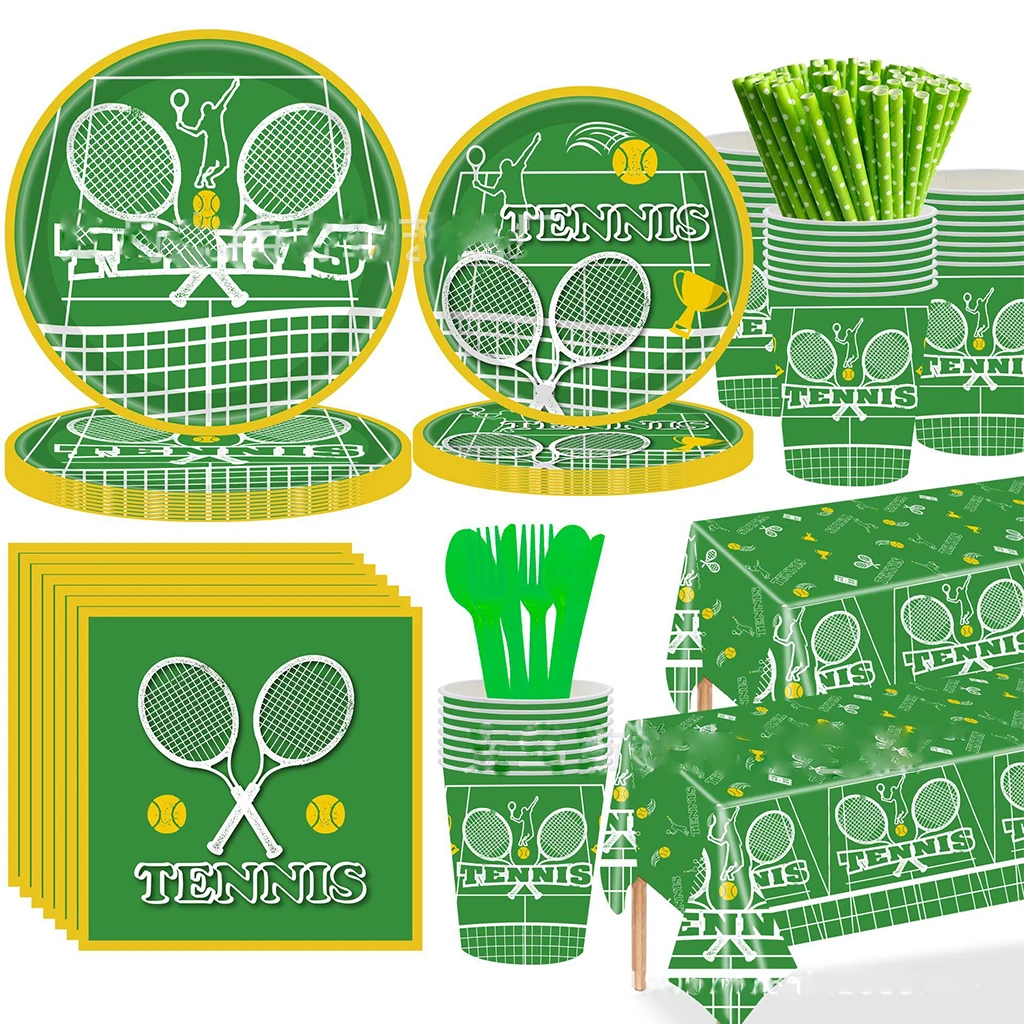 8Guests Tennis Court Sports Theme Disposable Tableware Green Tennis Plates Cups Napkin Happy Sports Boy Birthday Party Decor