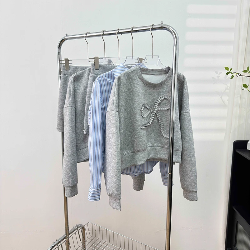 Women Grey Skirt Sets Vintage Long Sleeve Sweatshits with A-Line Mini Skirts Aesthetic Vintage Y2k Two Piece Suit 2000s Clothes