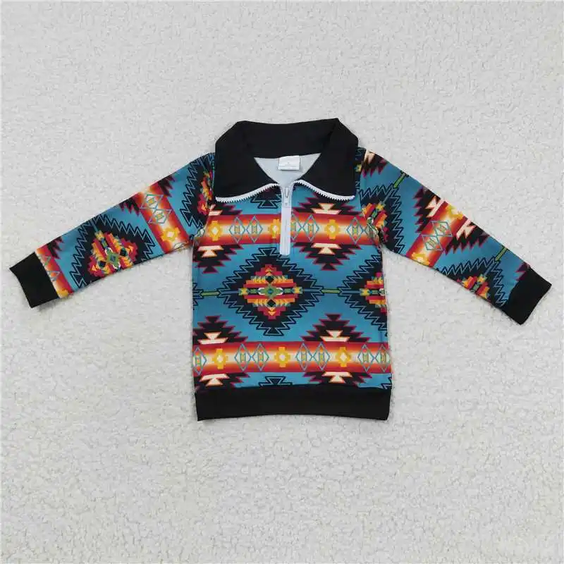 aztec Geometric Blue Zip Long Sleeve Top