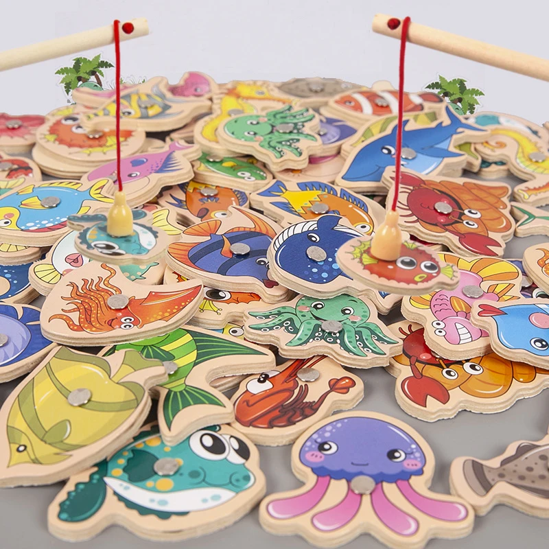 Montessori Wooden Magnetic Fishing Toys for Baby Cartoon Marine Life Cognition Fish Games Education Parent-Child Interactive