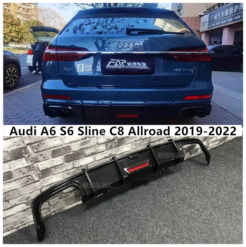 REAL CARBON FIBER REAR BUMPER TRUNK LIP SPOILER DIFFUSER For  Audi A6 S6 Sline C8 Allroad 2019 2020 2021 2022 (With Light)