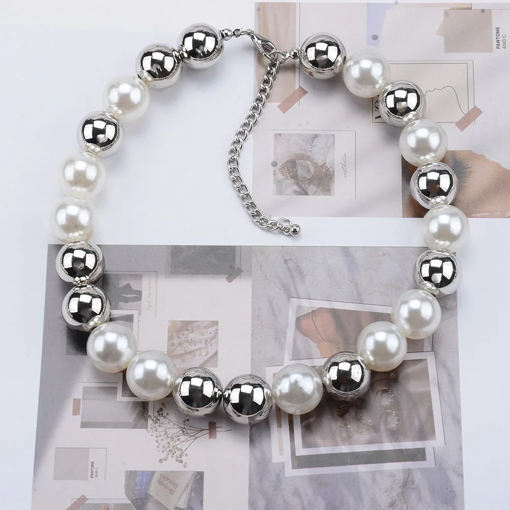 2024 New ZA Fashion Double Layer Imitation Pearls Large Collar Choker Necklace Women Silver Color Acrylic Beads Necklace Jewelry