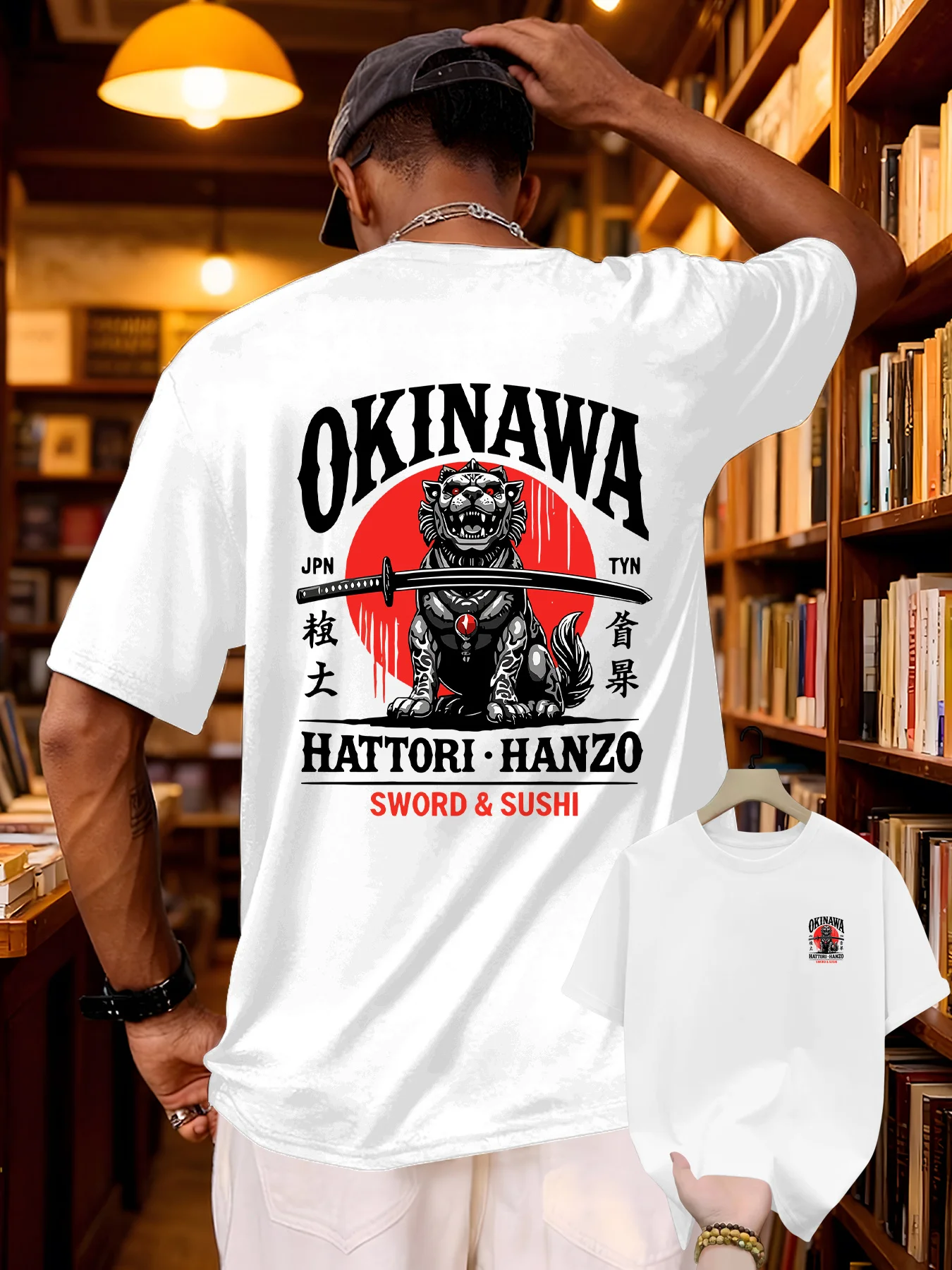 Men's casual T-shirt front and back graphic elements: OKINAWA HATTORI HANZO lion samurai sword pattern  mens t shirts